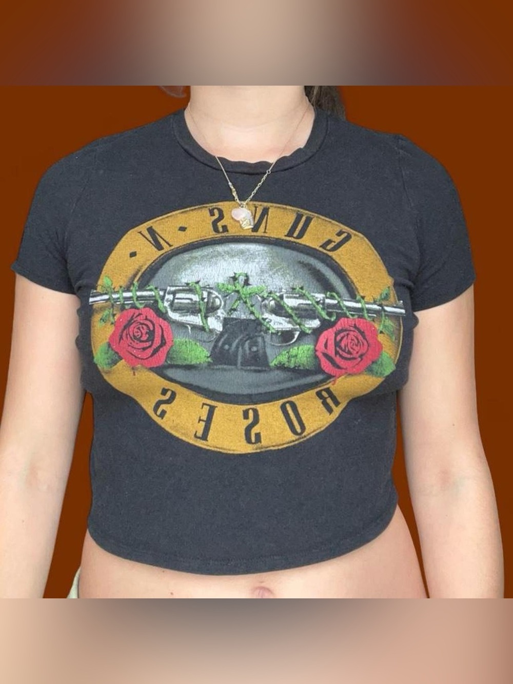 Bravado Black Crop Tee with Yellow Logo and Red Roses